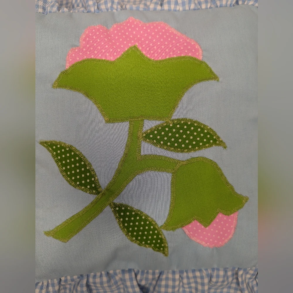 Handmade Cottagecore Blue Pillow with Pink Flower Applique Gingham Ruffle